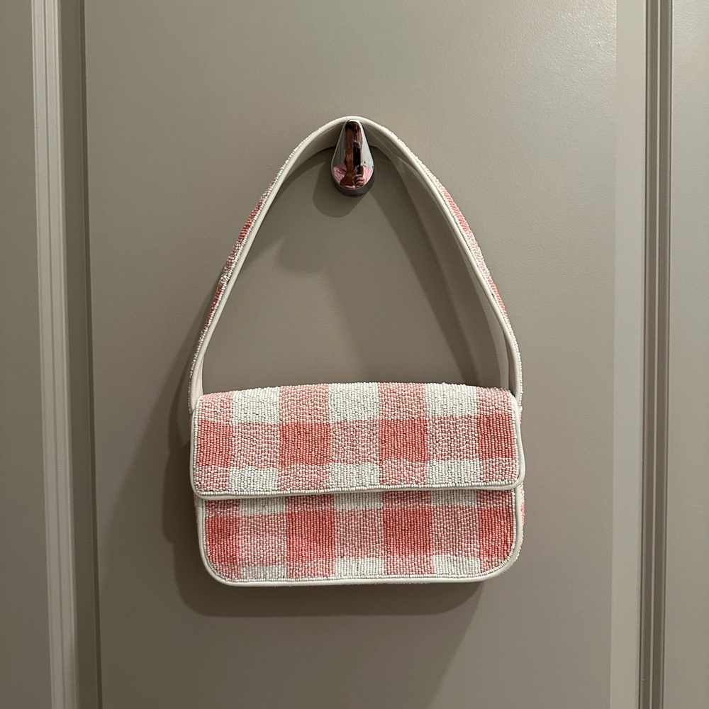 Staud Tommy Pink and White Checkered Bead Women's Bag